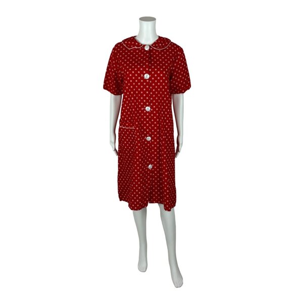 Vintage 50s Daisy Robe Women's Large Red White Cotton House Dress